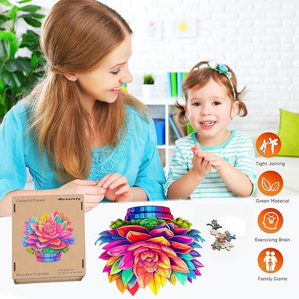 Valentine's Day Wooden Puzzles Colorful Flower Pot 200pcs 11.2'' x 11.2'', Luxurious Shaped Wood Puzzle, Beautiful Package, Best Gift for Adults and Kids, Family Game