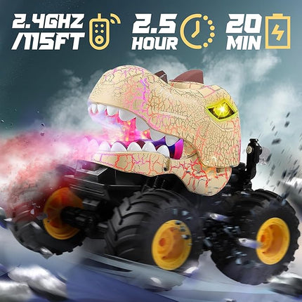 BEZGAR Monster Truck Toys - Remote Control Monster Truck with Spray, Light, Music, Dinosaur Toys for Kids, 1:20 Scale RC Truck with 360° Spins and Drifting, Remote Control Car for Boys 4-7 Golden