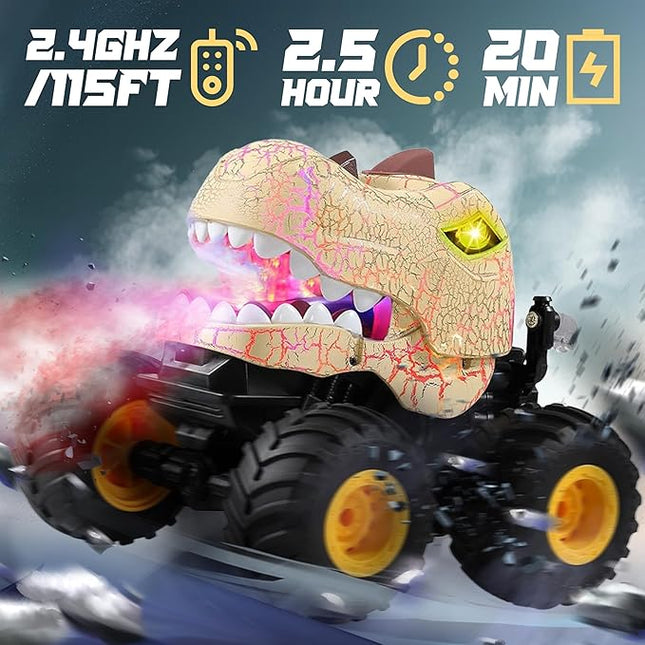 BEZGAR Monster Truck Toys - Remote Control Monster Truck with Spray, Light, Music, Dinosaur Toys for Kids, 1:20 Scale RC Truck with 360° Spins and Drifting, Remote Control Car for Boys 4-7 Golden