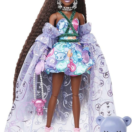 Barbie Extra Fancy Fashion Doll & Accessories Dressed in a Teddy-Print Gown with Sheer Train, Plus Teddy Bear Pet