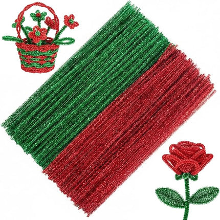 Caydo 200 Pieces Glitter Red & Green Pipe Cleaners, Thick Fluffy Chenille Stems, Pipe Cleaner Crafts for Arts & Crafts, Perfect for Making Animals, Flowers, and Valentine's Day Decorations