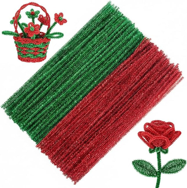 Caydo 200 Pieces Glitter Red & Green Pipe Cleaners, Thick Fluffy Chenille Stems, Pipe Cleaner Crafts for Arts & Crafts, Perfect for Making Animals, Flowers, and Valentine's Day Decorations