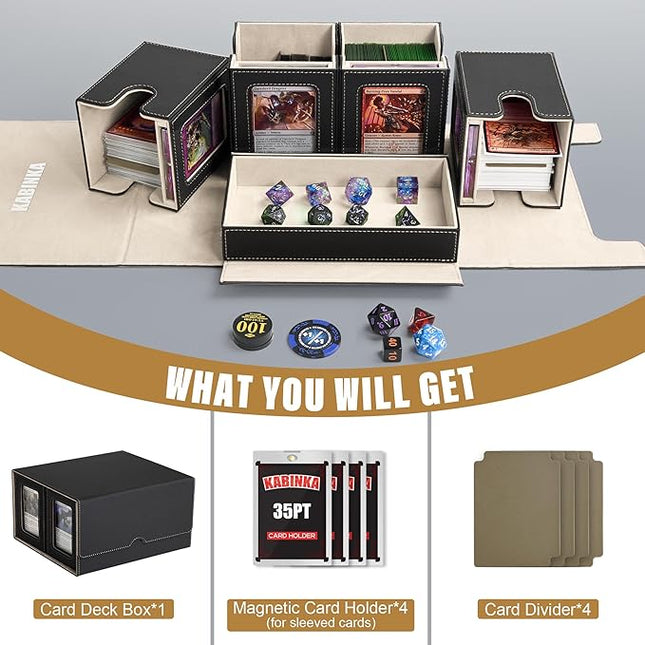 Card Deck Box for MTG with Commander Display, 5 in 1 Card Storage Box Fits 400+ Double-sleeved Cards, Removable Deck Case for TCG/Sports Cards with Dice Tray, 4 Magnetic Card Holders (Black Gold)