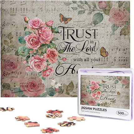 Christian Jigsaw Puzzles 500 Pieces for Adults, Trust in The Lord Bible Quote with Roses & Sheet Music, Religious Wooden Puzzle for Stress Relief, Faith-Based Gift & Wall Decor
