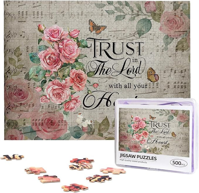 Christian Jigsaw Puzzles 500 Pieces for Adults, Trust in The Lord Bible Quote with Roses & Sheet Music, Religious Wooden Puzzle for Stress Relief, Faith-Based Gift & Wall Decor