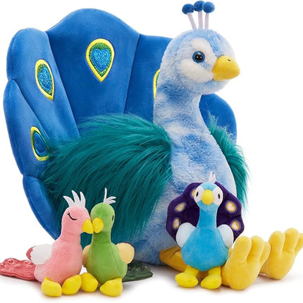 MorisMos Plush Peacock Stuffed Animal with 3 Baby Bird Plush Toys,18''Mommy Peacock Toys for Girl Boy Kid,Realistic Bird Stuffed Animals Gift for Birthday Decor Baby Shower Christmas,CE/CPC Certified