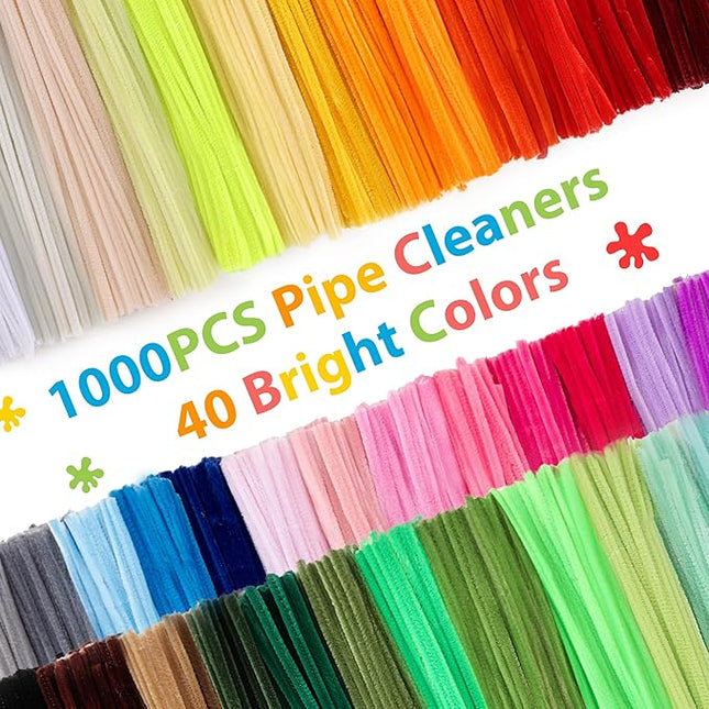 Caydo 1000Pieces Pipe Cleaners for Valentine's Day Decorations 40 Assorted Colored Chenille Stems with 100 Pieces Wiggle Eyes for Art and Crafts, Children’s Craft Supplies (6 mm x 12 inch)