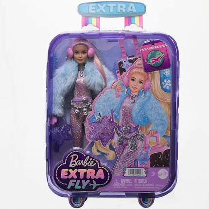 Barbie Extra Fly Doll with Snow-Themed Travel Clothes & Accessories, Sparkly Pink Jumpsuit & Faux Fur Coat