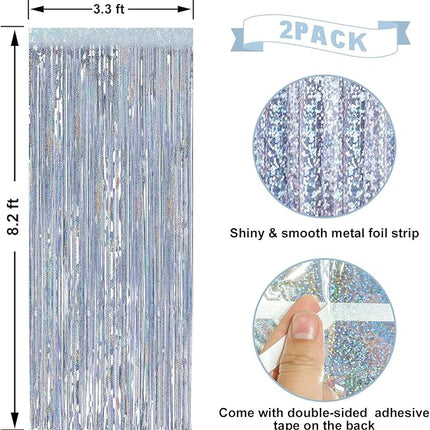 2 Pack Laser Silver Foil Fringe Curtains Streamers Party Decorations 3.3 x 8.2 ft, Pink Tinsel Curtain Fringe Backdrop for Parties, Door Fringe Birthday Streamers, Barbie Backdrop Birthday Decorations