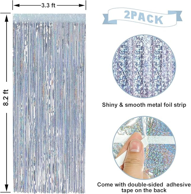 2 Pack Laser Silver Foil Fringe Curtains Streamers Party Decorations 3.3 x 8.2 ft, Pink Tinsel Curtain Fringe Backdrop for Parties, Door Fringe Birthday Streamers, Barbie Backdrop Birthday Decorations
