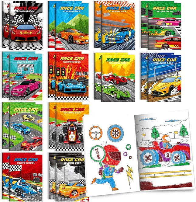 BenLouis 24 Pcs Race Car Mini Coloring Books Kids Racing Theme Party Favors Small Activity Books Bulk for Kids Fast Racecar Wheel Birthday Goodie Bags Stuffers Return Gifts Classroom Travel