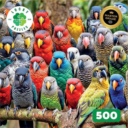 Lucky Puzzles 'Feathered Friends Fiesta' | 500 Piece Jigsaw Puzzle for Adults | Unique Bird Artwork | Best Challenging Puzzles for Cognitive Workout | 18 x 24 Inches | Fun Puzzle for Families