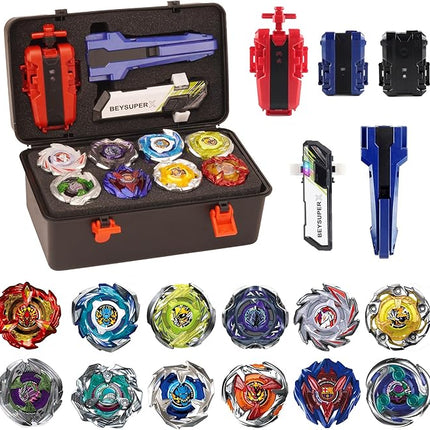 Battling Burst Gyro Blade Toy Set Gift 12 Burst Spinning Tops 2 Two Way Launchers Grip Starter for Boys Children Kids 6 8 10 12+ Battle Game with Portable Box
