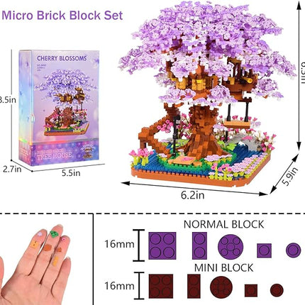 Cherry Blossom Bonsai Tree Micro Building Set Creative Gift for Adults 14+, Japanese Purple Cherry Tree House Micro Blocks Model for Adults, Flowers House 2200PCS