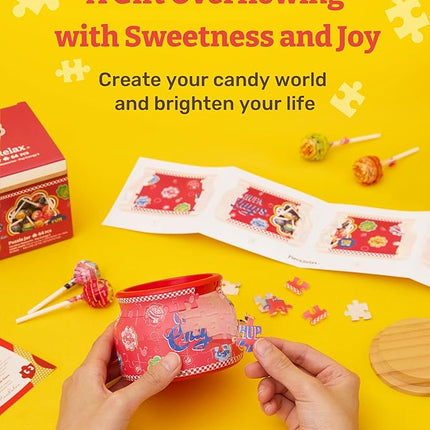 Chupa Chups X PieceRelax 3D Puzzle Jar 64 Plastic Pieces for Adults - Timeless Memories - Pop Energy S Wooden Lid Container for Kitchen Dining Study Living Room No Glue Requied Small [BC1023]