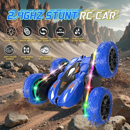 Remote Control Car for Kids, 2.4GHz 4WD Stunt RC Car with Double-Sided 360° Flips, Rechargeable LED Light Off-Road Toy Car for Boys Girls Ages 6-12