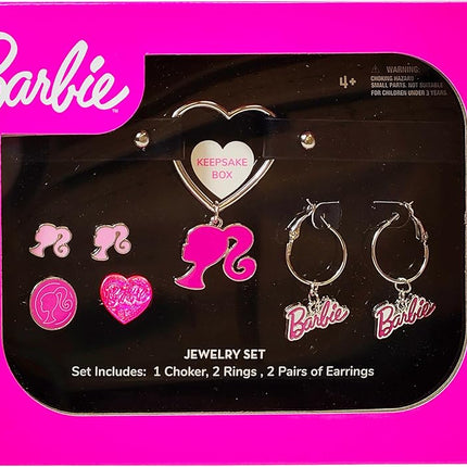 LUV HER Barbie themed 2-Piece Adjustable Ring Set, a pair of stud and hoop earrings, and a choker for Girls - Barbie Themed Charms, Universally Fitting & Stylish Gifts - Ages 4+