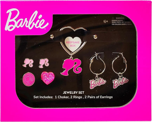 LUV HER Barbie themed 2-Piece Adjustable Ring Set, a pair of stud and hoop earrings, and a choker for Girls - Barbie Themed Charms, Universally Fitting & Stylish Gifts - Ages 4+
