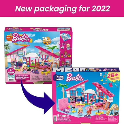 MEGA Construx Barbie Kids Building Toy Set, Malibu House with 303 Pieces, 2 Micro-Dolls, Furniture and Accessories, Ages 5+ Years