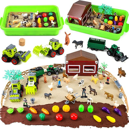 69 PCS Farm Sensory Bin Toys Playset, Sandboxes with Sand, Farmer Tractor & Farm Animals Figures Toys for Kids 3 4 5, Gifts for 6 7 Years Old Boys Girls Toddlers