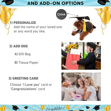 DolliBu Lying Brown Horse Graduation Plush Toy - Soft Graduation Stuffed Animal Dress Up with Gown & Cap with Tassel Outfit - Gift with Personalization - 10.5" Inches