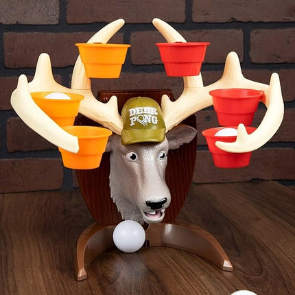 Deer Pong Game, Features Talking Deer Head and Music, Includes 6 Party Cups and 8 Balls, Fun Family Game for Ages 8 and Up