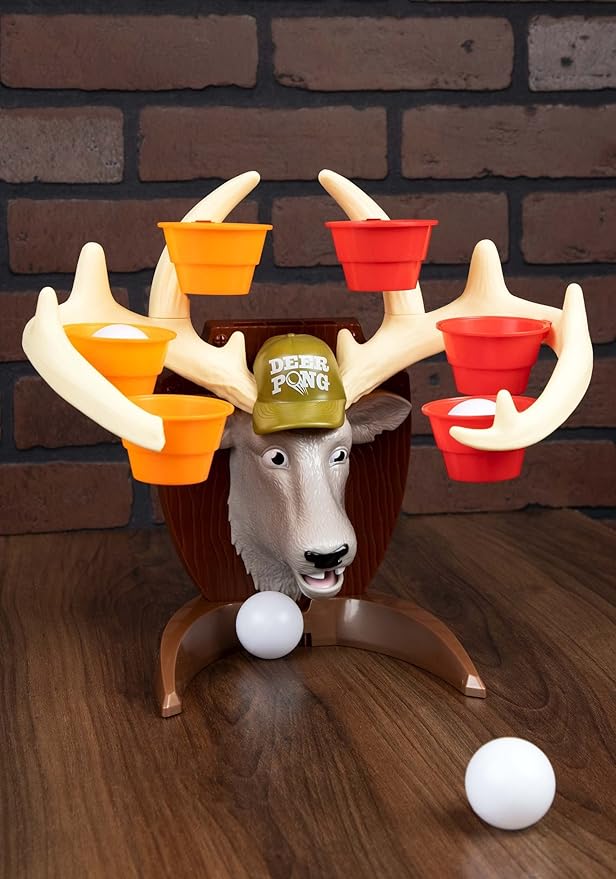 Deer Pong Game, Features Talking Deer Head and Music, Includes 6 Party Cups and 8 Balls, Fun Family Game for Ages 8 and Up