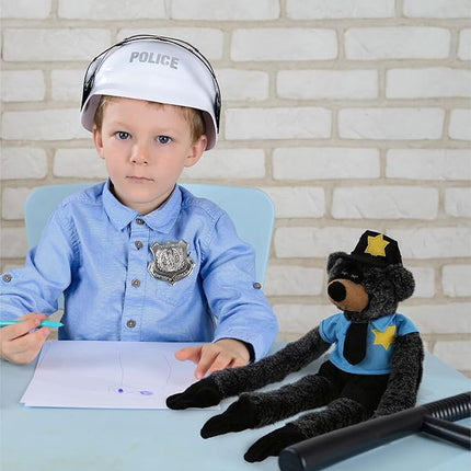 DolliBu Black Bear with Long Arms Police Officer Plush Toy - Soft Black Bear Cop Stuffed Animal Dress Up with Cute Cop Uniform and Cap Outfit - Gift with Personalization - 21 Inches