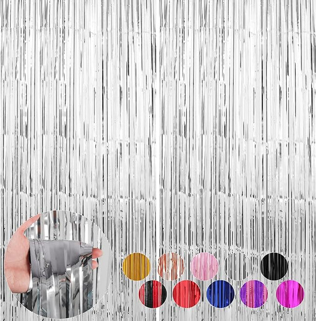 2 Pack Silver Foil Fringe Curtains Streamers Party Decorations 3.3 x 8.2 ft, Tinsel Curtain Fringe Backdrop for Parties, Silver Door Fringe Birthday Streamers, Photo Booth Backdrops, Party Decor