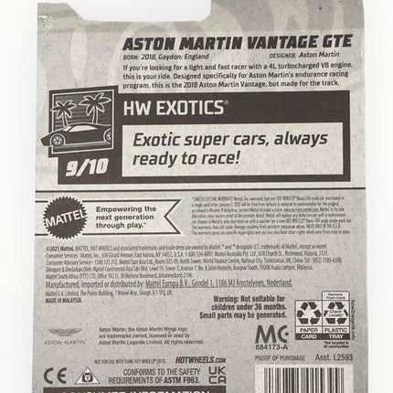 Hot Wheels 2022 - Aston Martin Vantage GTE - HW Exotics 9/10 - 238/250 - Mint/NrMint - Ships Bubble Wrapped in a Box