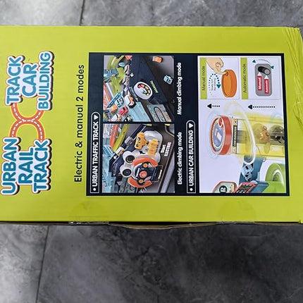 Fisca 2-in-1 Race Car Tracks PlaySet for Kids, Toy Car Ramp Track and Lifting Parking Lot, Dual Mode Toddler Car Track Toy Playset with 6 Cars, Automatic Rotary Elevator, Steering Wheel Music Driving