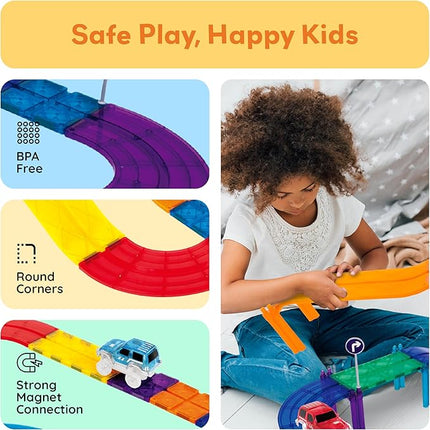 PicassoTiles 80pc Race Car Track Magnetic Tiles Building Block Educational Toy with 2 Light Up Cars Kids Toddler Toys Magnets Tile STEM Learning Construction Tracks for Fine Motor Skill Training PTR80