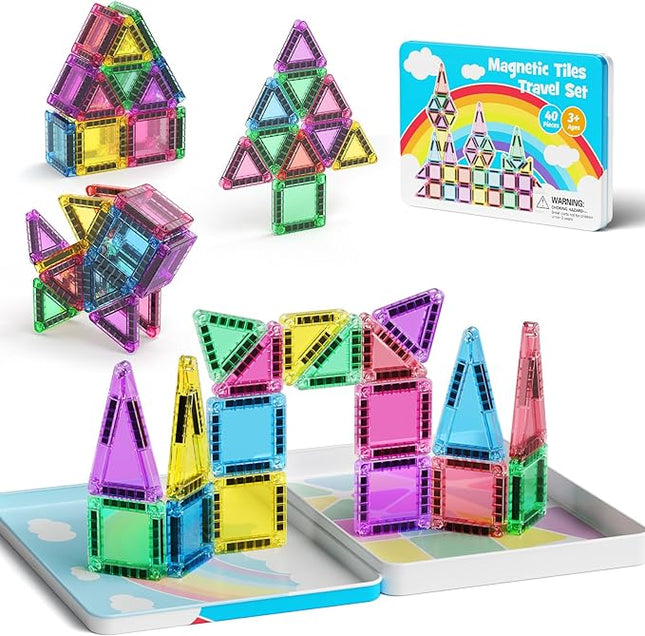Magnetic Tiles Building Blocks Travel Construction Set, STEM Toddler Puzzle Toys for Boys and Girls Ages 3+ Birthday Gift