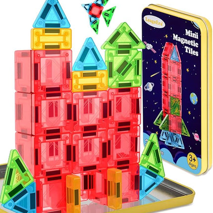 Magnetic Tiles Building Blocks Toy Set: Portable Mini Magnetic Tiles Travel Set 32 Pieces with Iron Tin Construction Toys Gift for Kids Girls and Boys Ages 3-12 Years Old School Classroom Must Haves