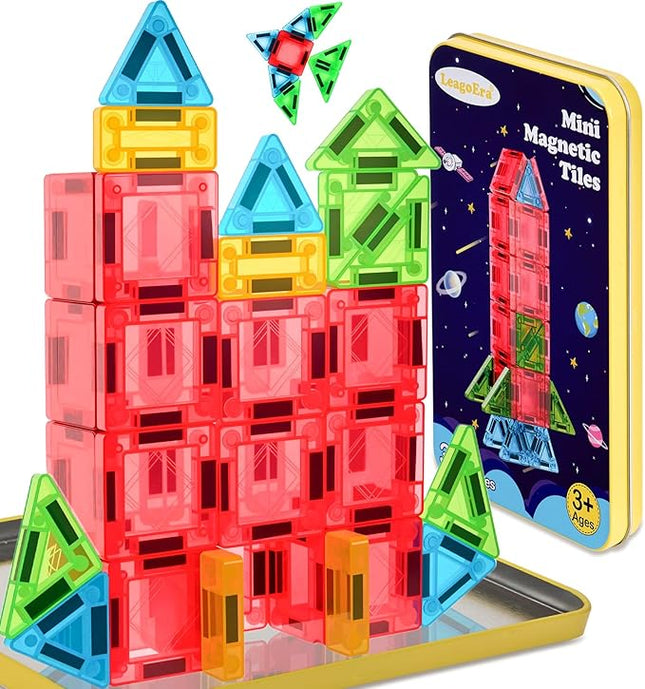 Magnetic Tiles Building Blocks Toy Set: Portable Mini Magnetic Tiles Travel Set 32 Pieces with Iron Tin Construction Toys Gift for Kids Girls and Boys Ages 3-12 Years Old School Classroom Must Haves