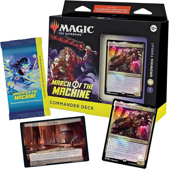 Magic The Gathering March of the Machine Commander Deck - Growing Threat (100-Card Deck, 10 Planechase cards, Collector Booster Sample Pack + Accessories)
