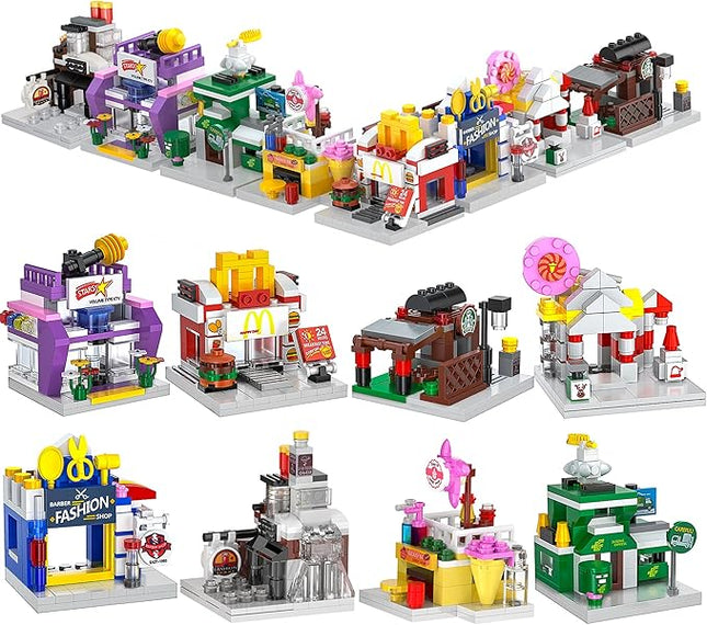 8 Packs Mini City Shop Street View Building Blocks Kit,MOC Construction Creative Educational Kit with Hair Salon & Café Store,Girls Boys Dream Toy Set,Christmas Birthday Party Favors for Kids