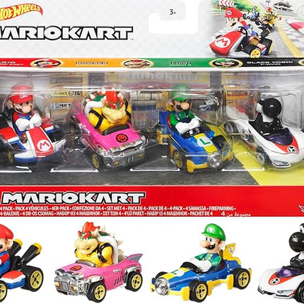 Hot Wheels Mario Kart Set of 4 Die-Cast Toy Cars with Attached Character Drivers, Includes Black Yoshi (Amazon Exclusive)