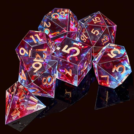 AUSTOR 7-Die DND Dice Set Handmade Sharp Edge Polyhedral Dice for Dungeons and Dragons D&D RPG MTG Table Games (Blue & Red, Copper)
