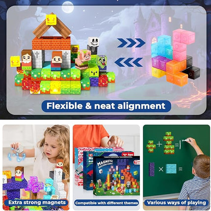 Goody King 150pcs Magnetic Blocks with Light Blocks, Stem Educational Magnet Toys for Kids Ages 3+, Montessori Magnetic Cubes Halloween Gifts, Creative Construction Building Cubes Set for Boys Girls