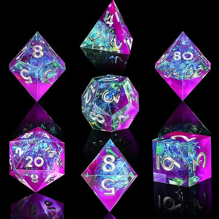 AUSTOR 7-Die DND Dice Set Handmade Sharp Edge Polyhedral Dice for Dungeons and Dragons RPG MTG Table Games（Violet & Blue）