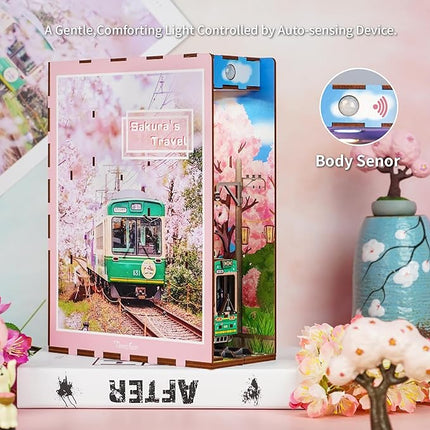 Tonecheer DIY Book Nook Kit for Adults, 3D Wooden Puzzle Bookend Bookshelf Insert Decor Fancy Book, Booknook Miniature House Kit with Sensor LED Light Birthday (Sakura's Travel)