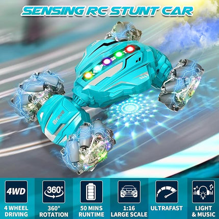 Remote Control Car Toys for Kids, Gesture Sensing RC Stunt Car, RC Cars for Boys Age 8-12, 2.4Ghz Hand Controlled Twist Cars, Ideal Birthday for Kids Age 6 7 8 9 10+(Lagon Blue)