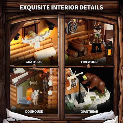 FUNWHOLE Hunting-Cabin Lighting Building-Bricks Set - Retro Wooden Cabin LED Light Construction Building Model Set 2036 Pcs for Adults and Teen