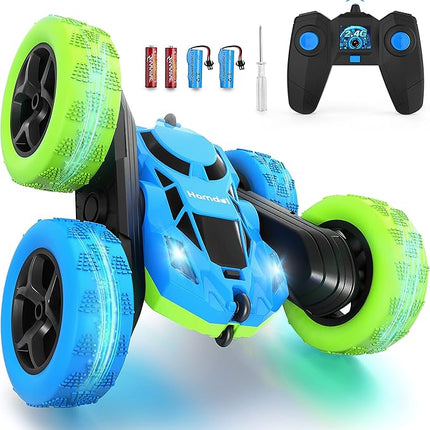 Remote Control Car for 6-12 Year Old Double Sided 360°Rotating 4WD RC Cars with Headlights 2.4GHz Electric Rechargeable Race Stunt Toy Car for Boys Girls Birthday (Blue&Green)
