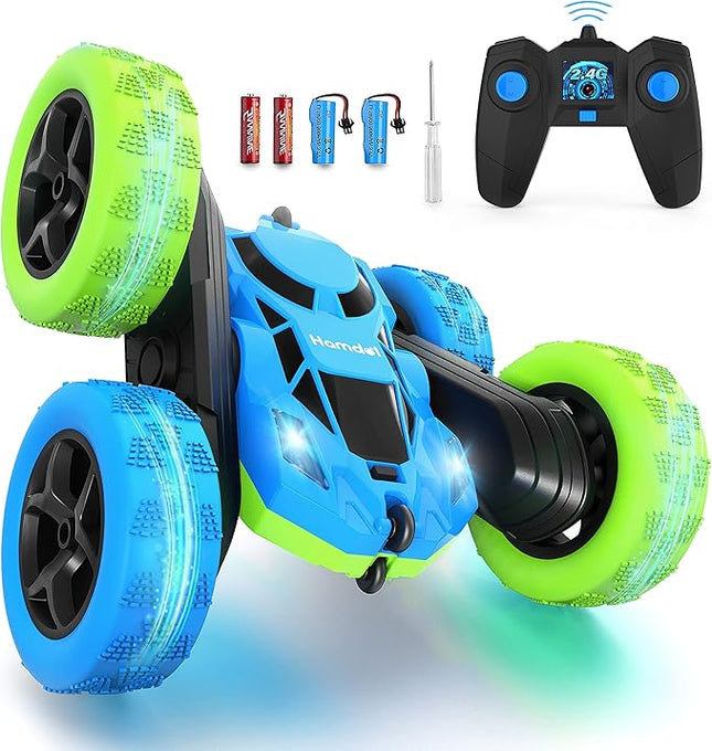 Remote Control Car for 6-12 Year Old Double Sided 360°Rotating 4WD RC Cars with Headlights 2.4GHz Electric Rechargeable Race Stunt Toy Car for Boys Girls Birthday (Blue&Green)