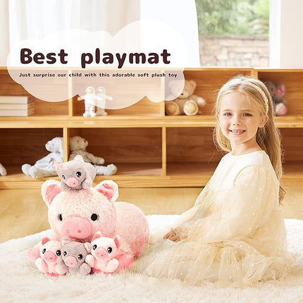 IKASA Mommy Pig Stuffed Animal Mom and Baby Plush Toy,Cute 16" Soft Small Fluffy Mama Family Set Toys with Little Mini Babies,Gifts for Kid