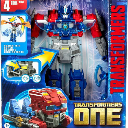 Transformers One Movie Power Flip Optimus Prime (Orion Pax) Converting Action Figure, 4 Modes, 10-inch Interactive Electronic Toy, Lights & Sounds, 6+