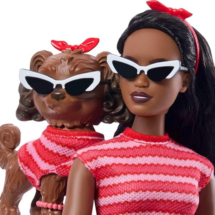 Barbie Twinning Looks Doll with Pet Dog in Matching Red Striped Clothes and Accessories for Both like Sunglasses and Headbands, Wavy Black Hair