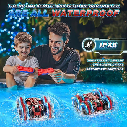 Waterproof Remote Control Car，4WD Land & Water 2.4 GHz RC Car Remote Control Boat，360°Rotation RC Stunt with LED Lights，Boys Girls Gifts All Terrain Water Beach Pool Toy Black